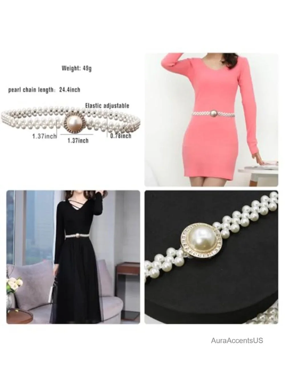 Pearl Elastic Chain Belt Adjustable Stretchy Metal Crystal Flower Buckle Waist